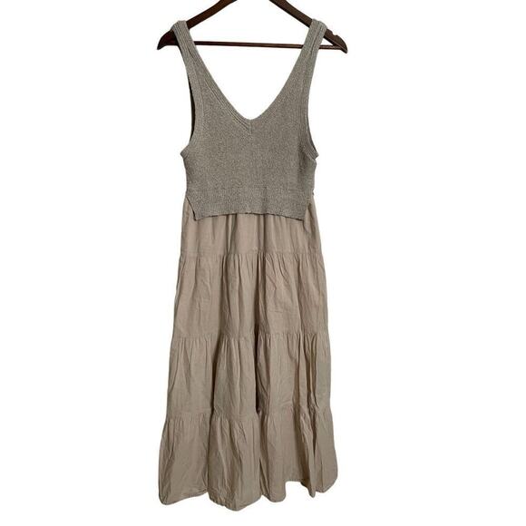 En Saison Alwin V-Neck Midi Dress Mixed Media Sweater Poplin Womans Small - Picture 1 of 11
